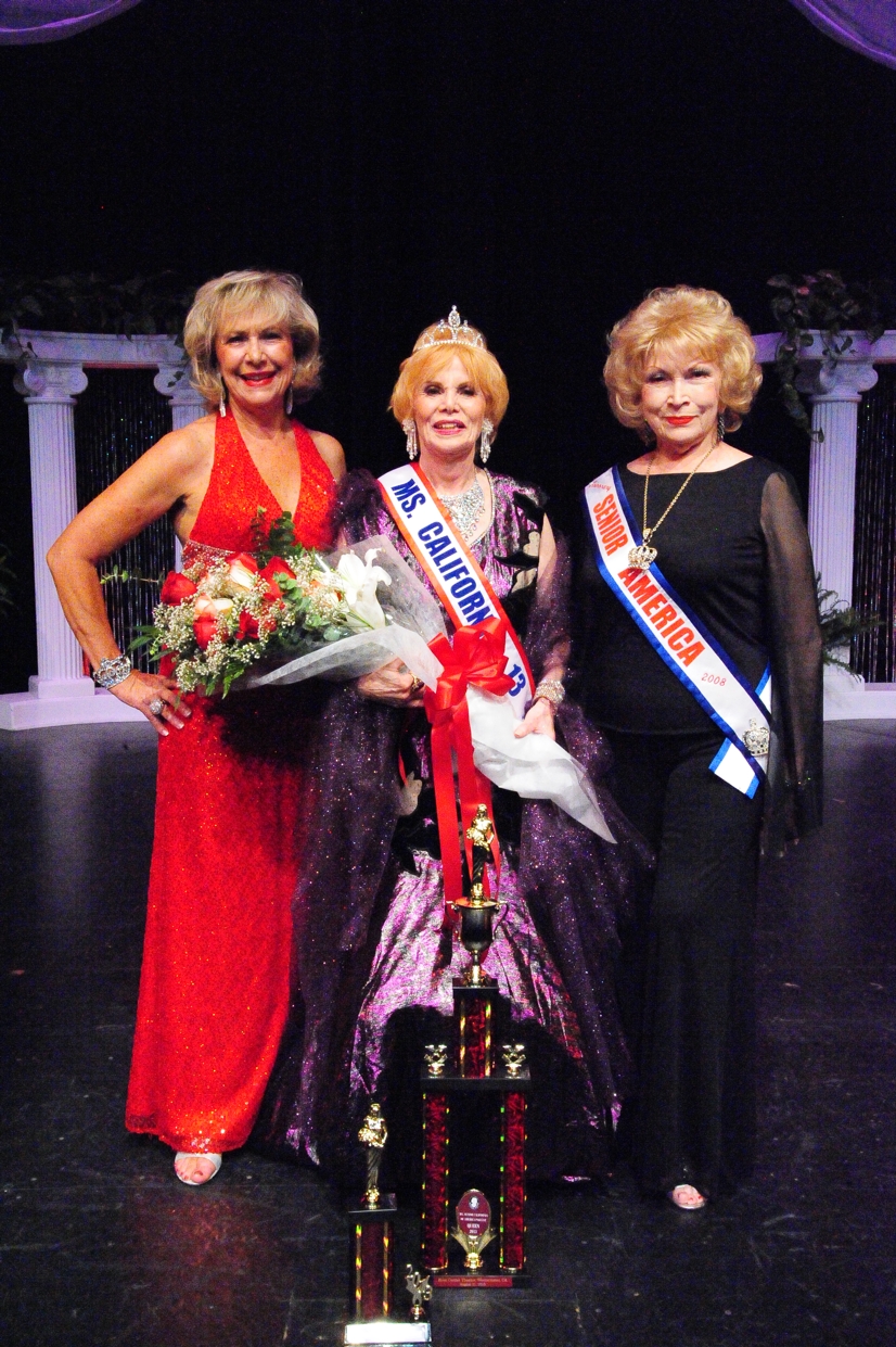 Pamela Wheeler, CEO, Ms. Senior California with Alise Richel 2013 Ms. Senior California and Marilyn Kohler, Historian and Culver City Pageant DIrector