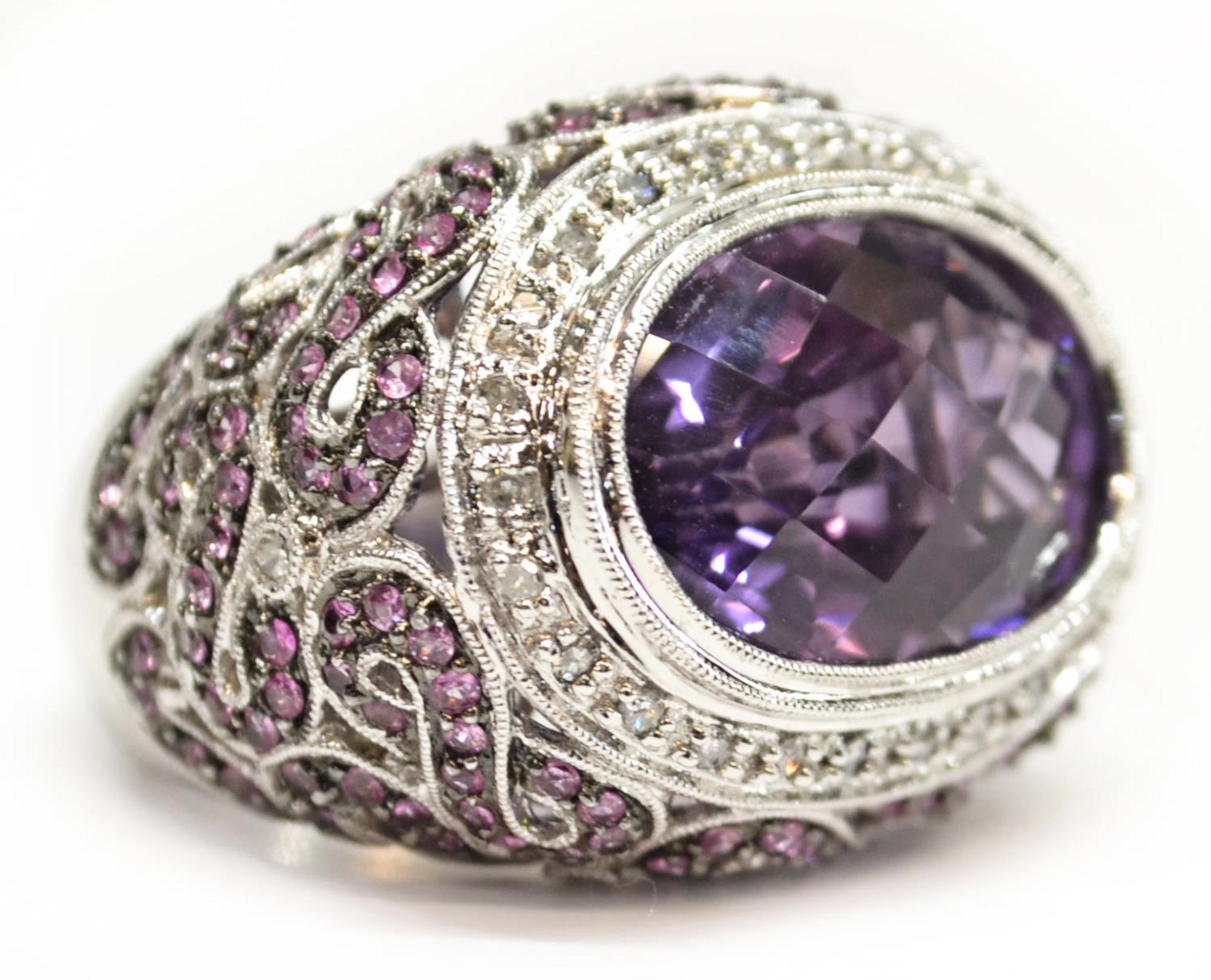 Ladies 14kt White Gold, Amethyst, Pink Sapphire and Diamond Estate Ring