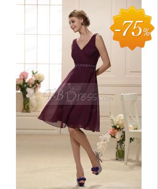 Elegant Cross Over V-neckline Sleeveless Knee Length Bridesmaid Dress