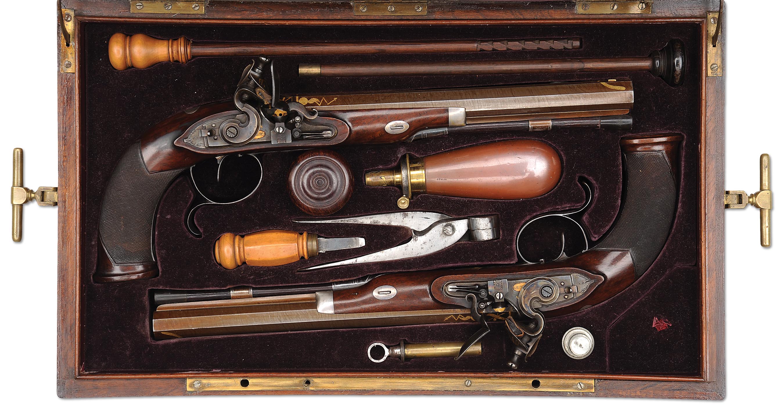 Magnificent Renwick-Locke American Gold Inlaid Flintlock Dueling Pistols By James Haslett, Baltimore, Circa 1810