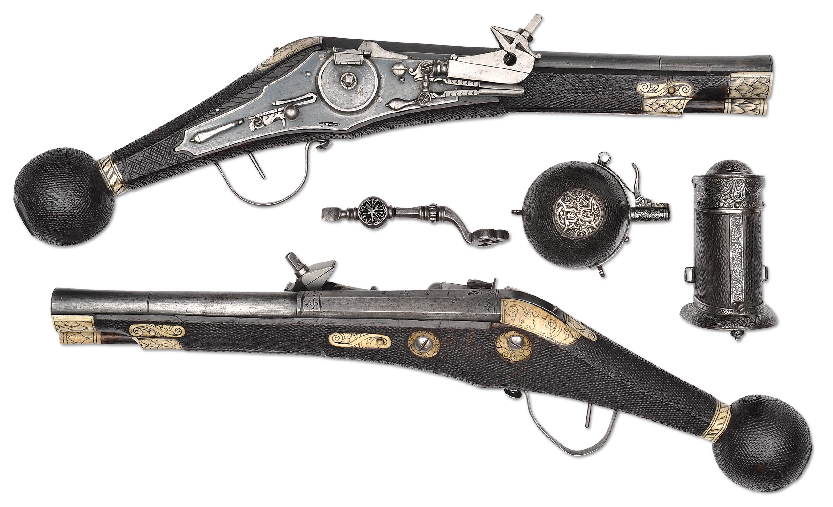 Very Fine Matched Pair of Saxon Elector Guard Wheel Lock Pistols, Each Dated 1588