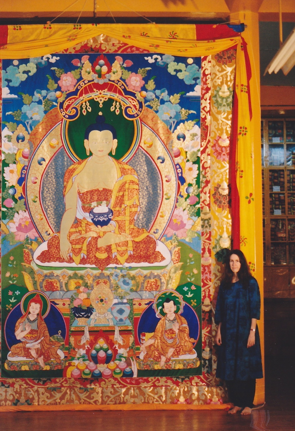 Leslie Rinchen-Wongmo with Large Buddha Applique Thangka created during her apprenticeship in Dorje Wangdu's Dharamsala workshop