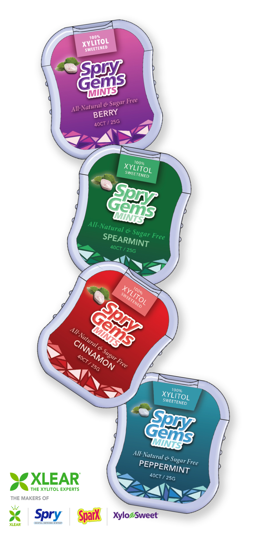 All four new flavors of Xlear's Spry Gems, the latest addition to the Spry Dental Defense System