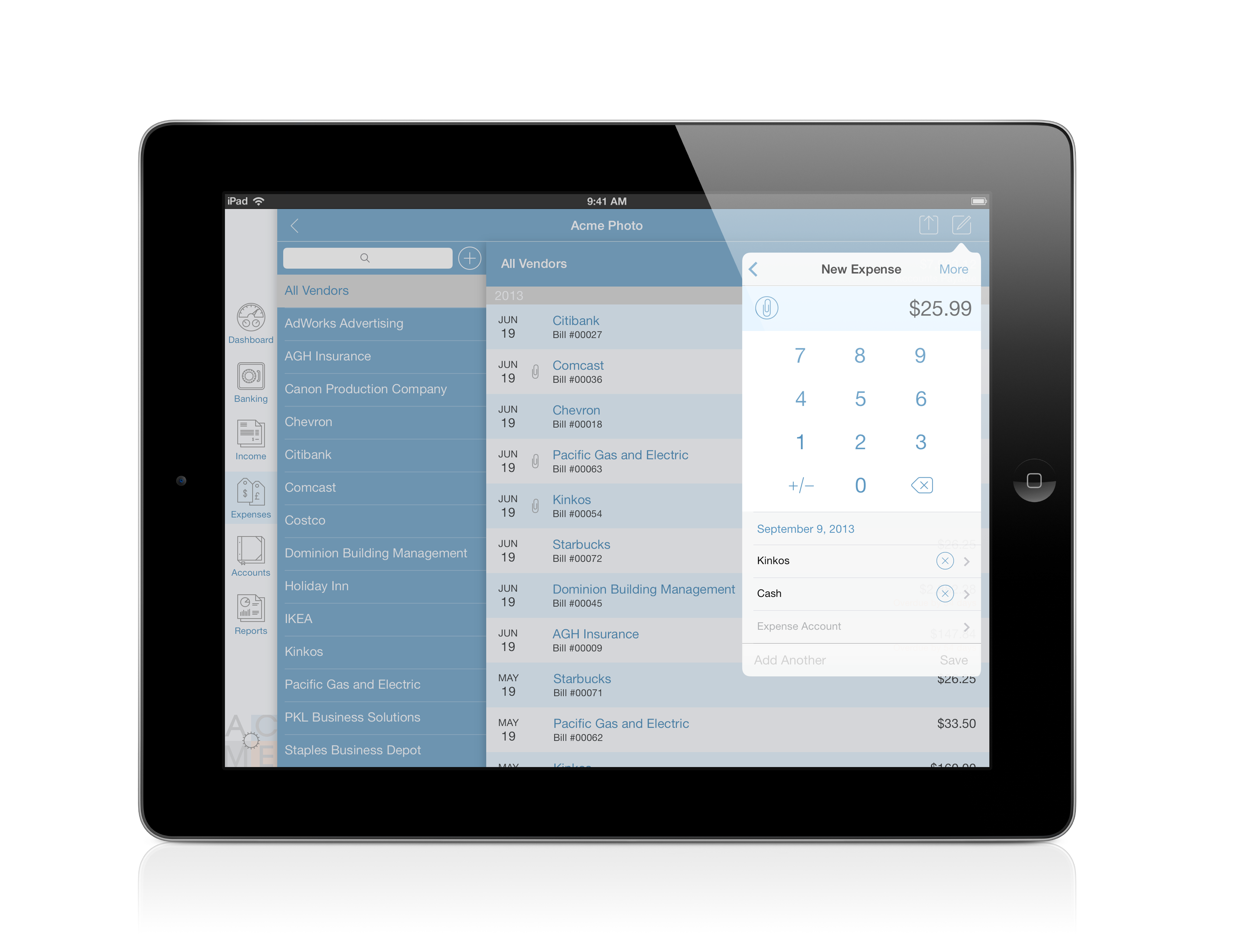 Create new expense items quickly and easily from anywhere within the Kashoo iPad app.