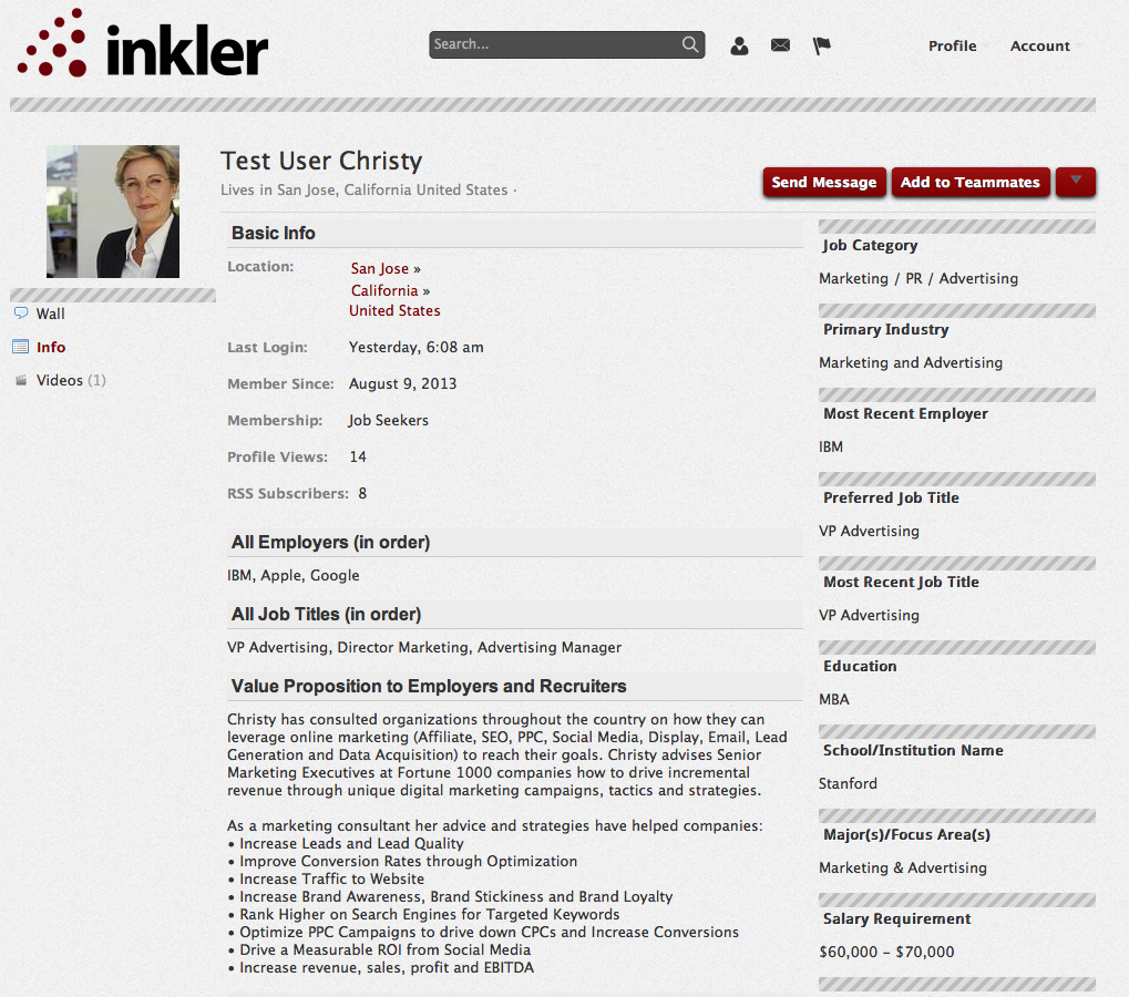 Inkler Profile Page