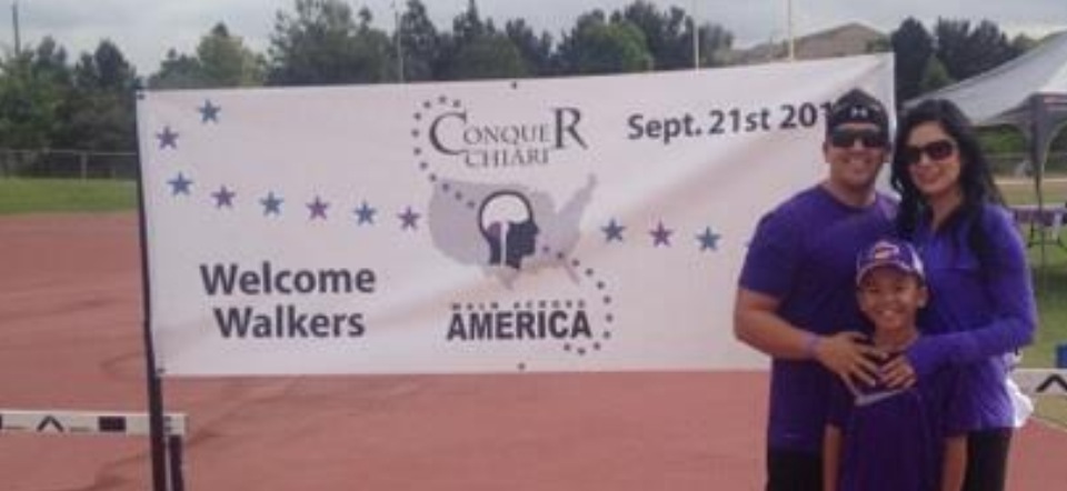 Alicia, Anthony and little Andrew Quinonez getting ready to walk to Conquer Chiari