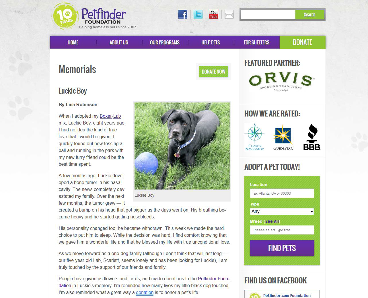 Page from Petfinder Foundations Memorial Wall