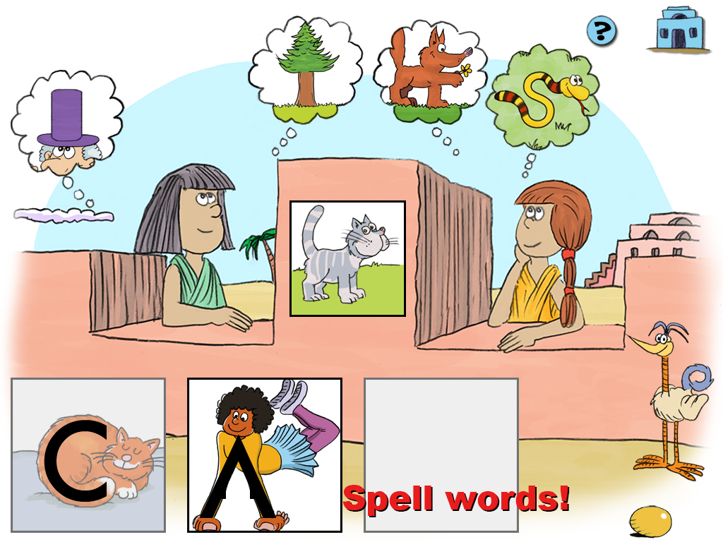 Children name target pictures and select the correct letters to spell the word.