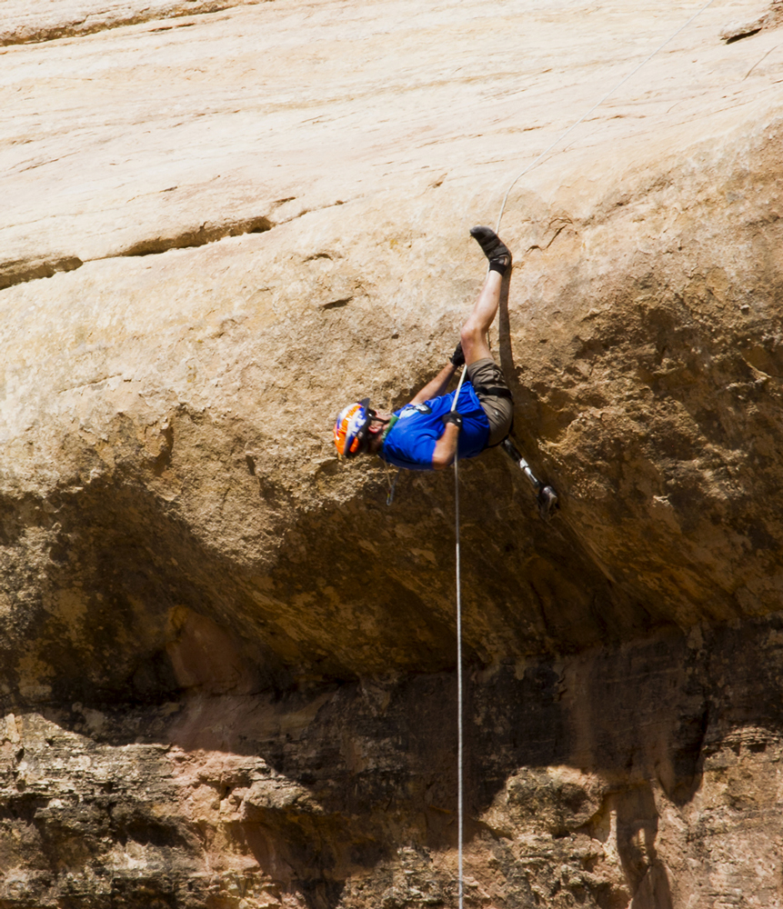 Rappelling with a prosthetic leg can be a challenge. David Santamore negotiates a lip on the long rappel at the Adventure TEAM Challenge. Photograph by Brian Gliba, Project Wounded Ego.
