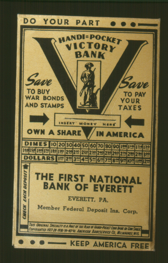 Wartime Americans could keep track of their war bond investments with a stamp card like this one. Small war bond stamps purchased on paydays steadily added up to help fund the US war effort. AMERICA I