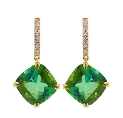 Green Tourmaline and Diamond Drops by Jessica Surloff. 18K gold, 20cts. green tourmaline drops, and white diamonds