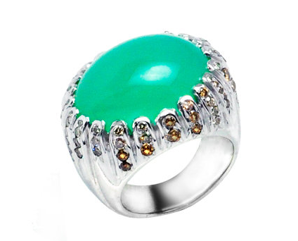 Chrysoprase Cocktail Ring by Jessica Surloff. 18K white gold, chrysoprase, and champagne diamonds