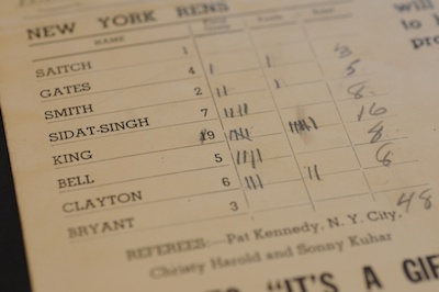 Detailed view of a scorecard from the 1941 Rosenblum Tournament featuring the New York Rens, Philadelphia SPHAs, Cleveland Rosenblums, and Detroit Eagles, showing the Rens players on the roster.