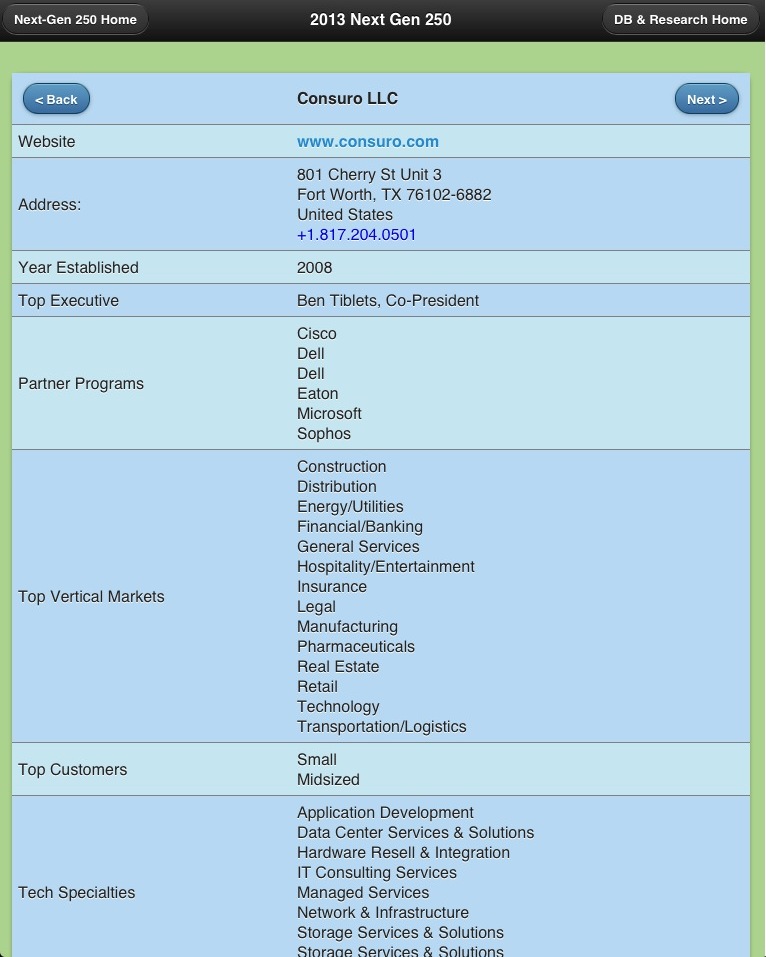 Consuro Managed Technology listing in the 2013 CRN Next-Gen 250