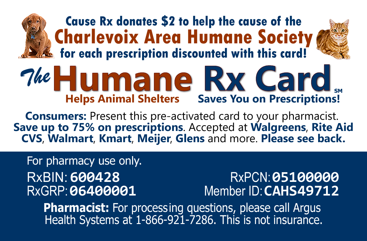 Humane Rx Card for the Charlevoix Area Humane Society.