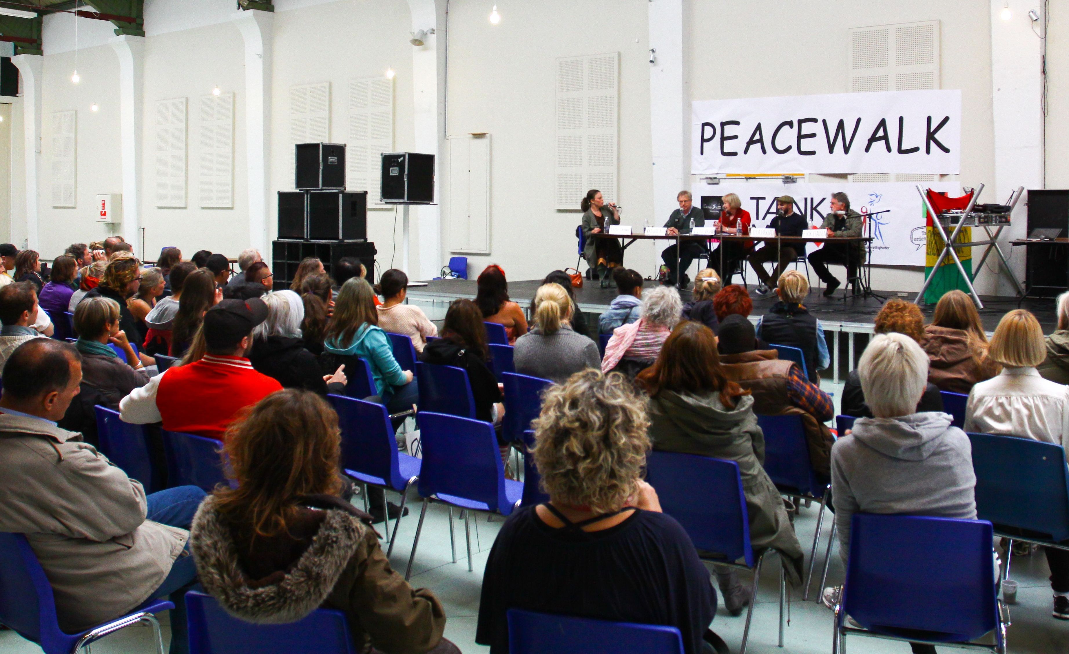 A peace rally at the public culture and sports hall in Nørrebro at the end of PeaceWalk September 21, 2013, on International Day of Peace, included performance and a panel discussion on peace.
