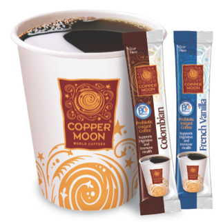 Copper Moon® Coffee’s ‘world’ now includes an instant variety enriched with the breakthrough Ganeden BC30 probiotic, offering consumers a new way to sustain a healthy digestive and immune system.]