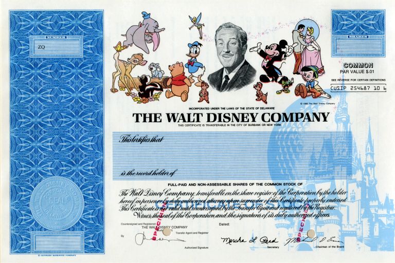 Walt Disney Company Stock Certificate