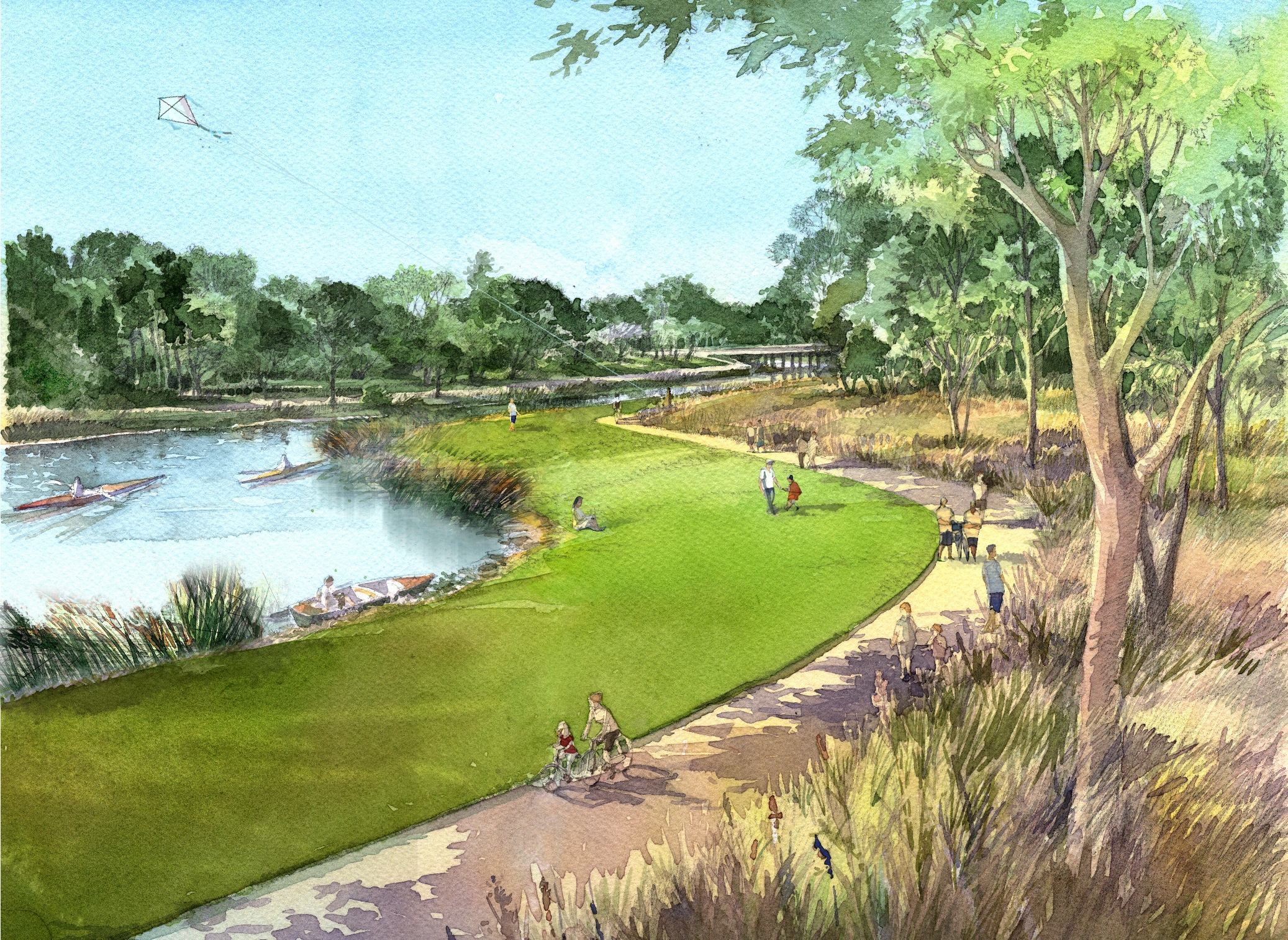 Upon completion of the Bayou Greenways 2020, it is estimated that 6 out of 10 Houstonians will live within a mile and half of a bayou park or trail. Rendering by SWA Group