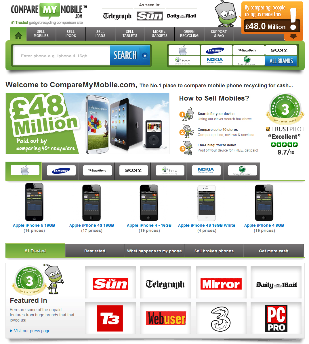 Screenshot of CompareMyMobile's homepage
