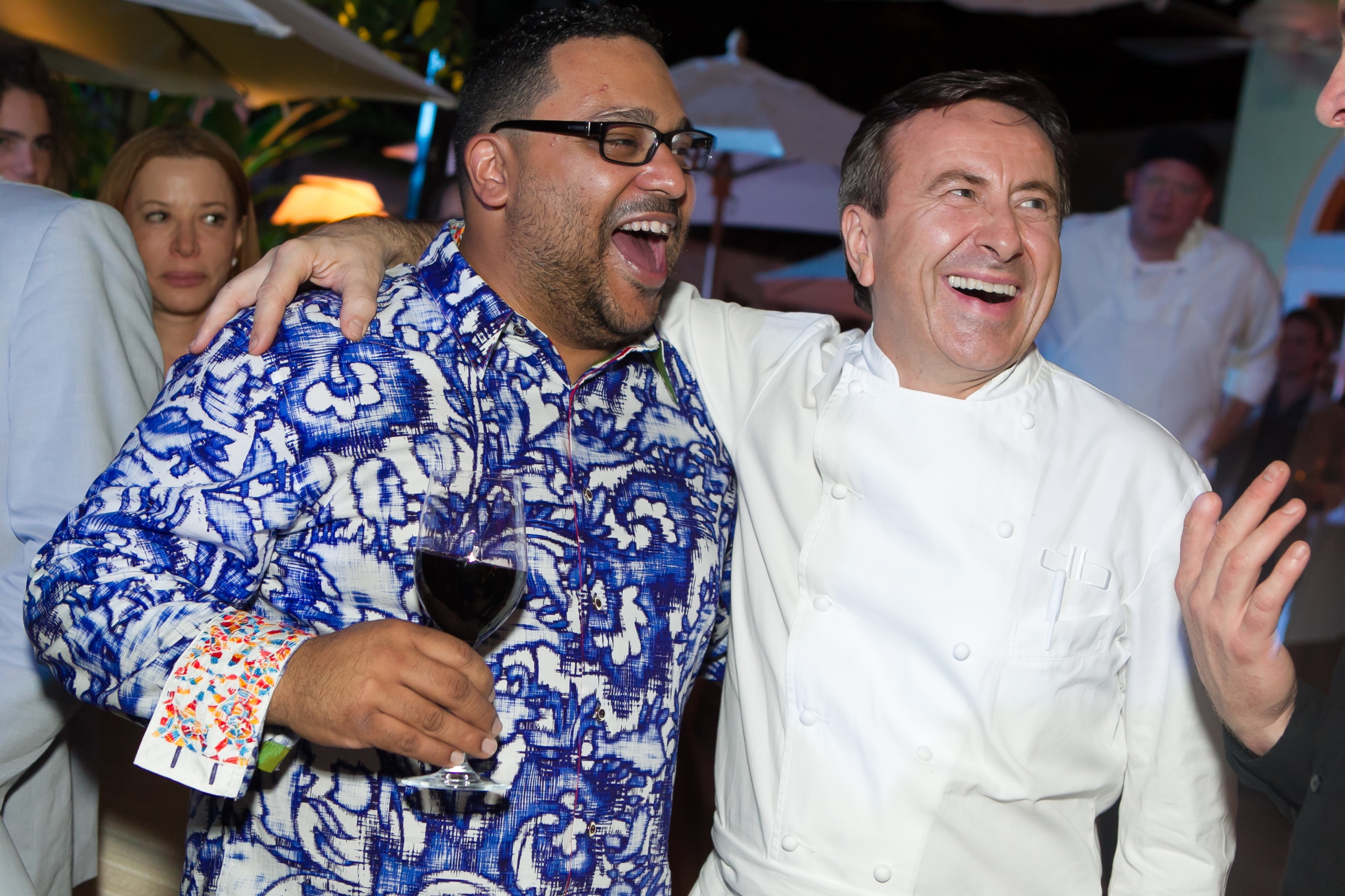 Kevin Spraga and Daniel Boulud share a laugh at the Palm Beach Food & Wine Festival 2012; both will be returning in December. (Lauren Lieberman / LILA PHOTO)