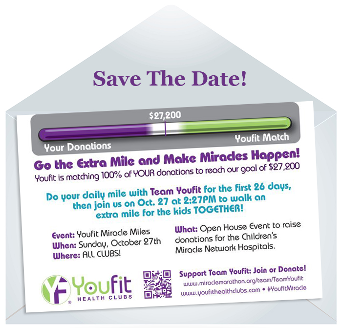 Please join us for Youfit Miracle Miles on October 27 to walk that extra mile for the kids!