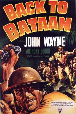 A movie poster for BACK TO BATAAN (1945) features a gritty, grenade-throwing John Wayne.