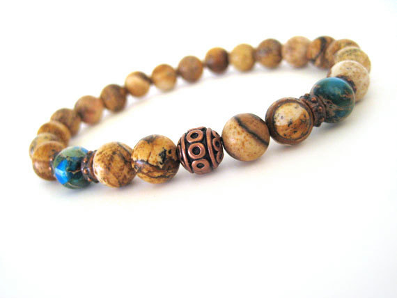 Unisex bracelet with impression and picture jasper beads by Rock & Hardware Jewelry.