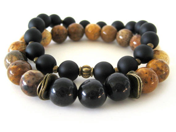 Palm jasper beaded stretch bracelet with matte agate beads by Rock & Hardware Jewelry.