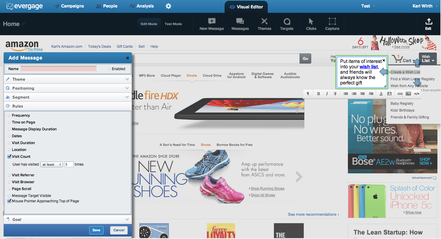 Example of using Evergage Visual Editor to create new website messages based on visitor behavior