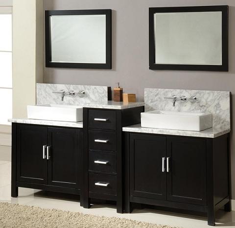 Direct Vanity 7080D1-EWC 84" Horizon Double Vanity Sink Console with Ebony Finish, White Carrera Marble Wall Mount Faucets Ready