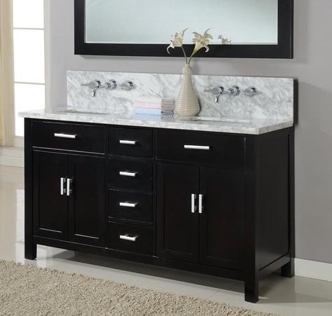 Direct Vanity 63D7-EWC 63" Hutton Double Vanity Sink Console with Ebony Finish, White Carrera Marble Wall Mount Faucets Ready