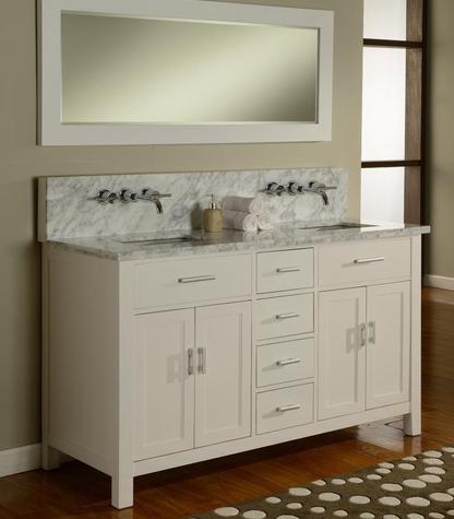 Direct Vanity 63D7-WWC 63" Hutton Double Vanity Sink Console with Pearl White Finish, White Carrera Marble Wall Mount Faucets Ready
