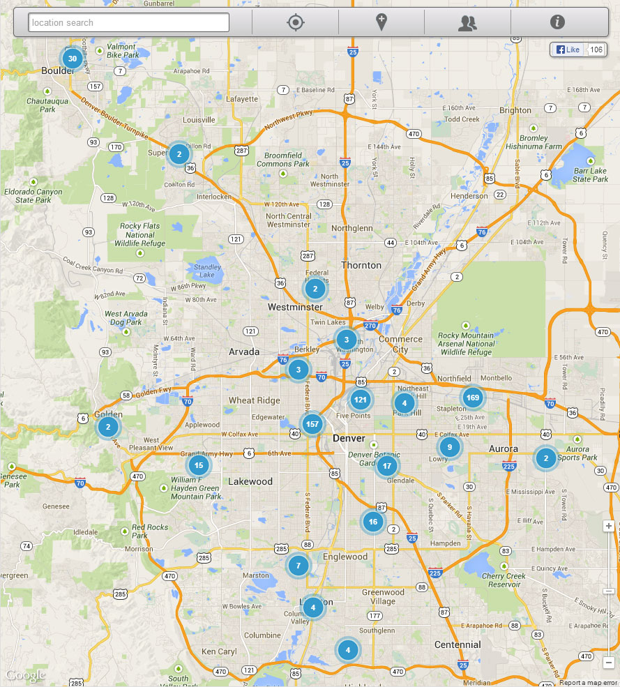 A screenshot from CommunityCam that shows the locations of publicly placed cameras in Denver