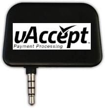 The uAccept payment processing card reader plugs into a smartphone's audio jack.