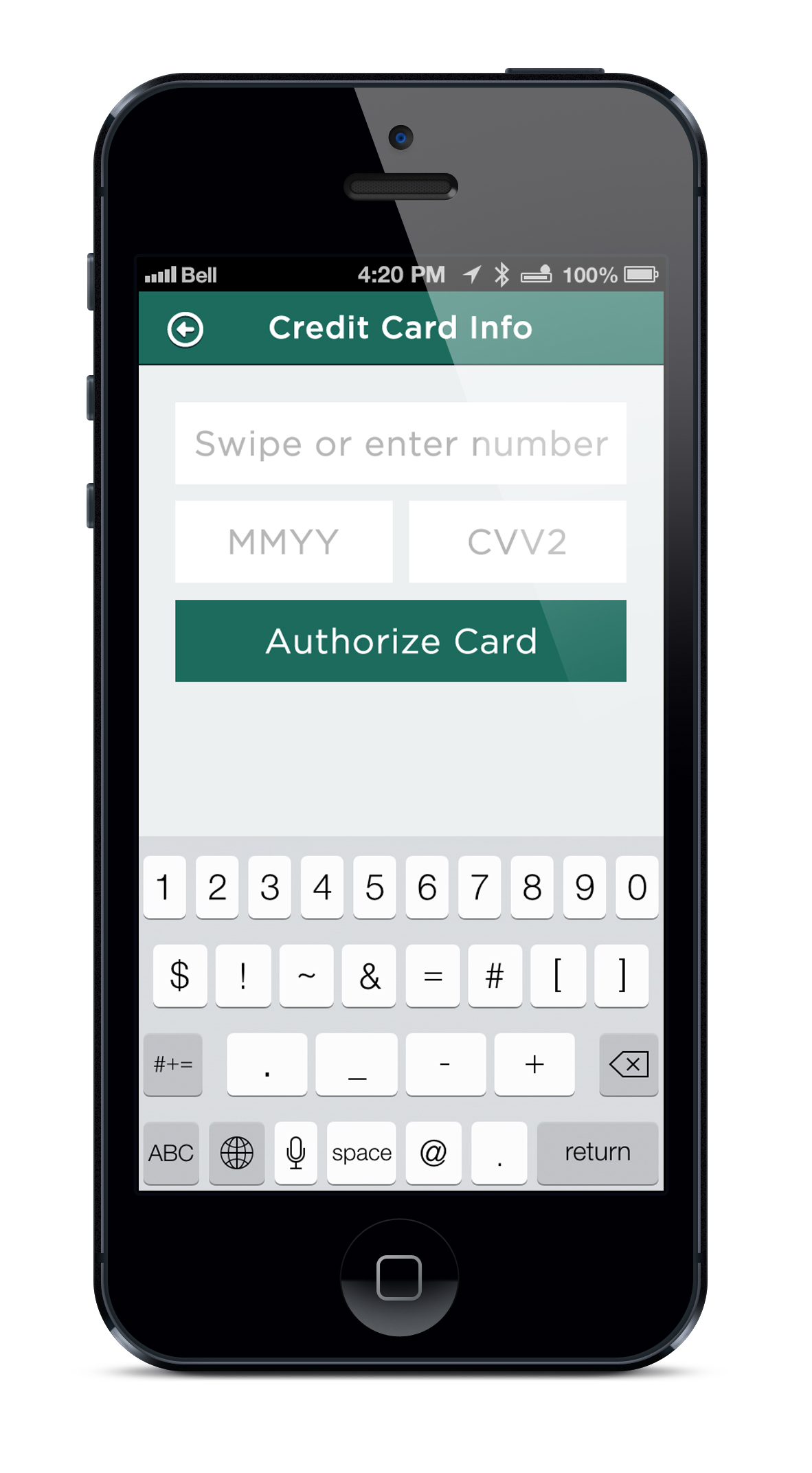 uAccept mobile app users can either manually enter a customer's card number or swipe the card with the uAccept card reader.