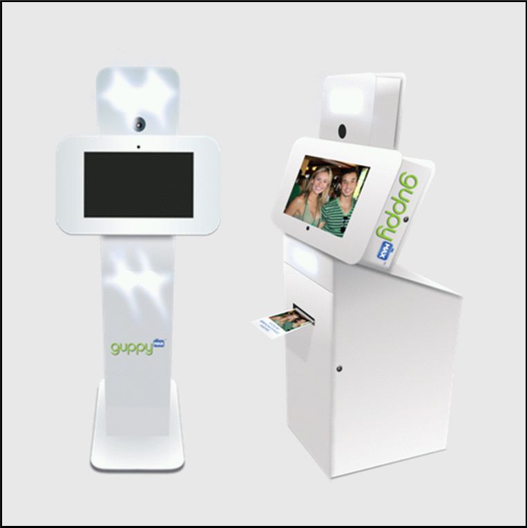 guppyMAX™ photo booth kiosk with and without a printer enclosure