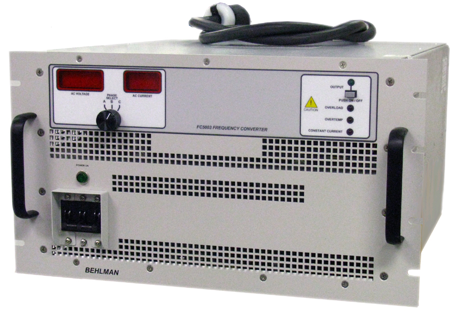 The Behlman FC5003 is an ultra-rugged COTS power supply designed to convert common 120/208 VAC, 3-phase, 60 Hz ground power to the 115/200 VAC, 3-phase 400 Hz power used by aircraft and other vehicles