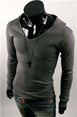 3-Ruler Men's Dark Gray Slim Fit V Neck Hooded Long Sleeves Shirt