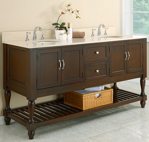 Direct Vanity 6070D10-EsB 70" Mission Style Double Bathroom Vanity Sink Console with Beige Marble Top and Espresso Finish