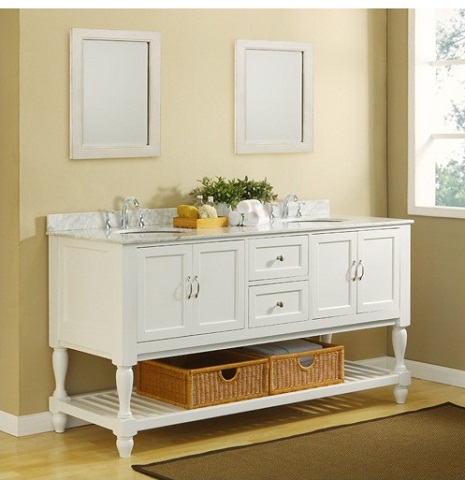 Direct Vanity 6070D10-WW-C 70" Pearl White Mission Style Double Bathroom Vanity Sink Console with Turn Legs and Carrera Marble Top