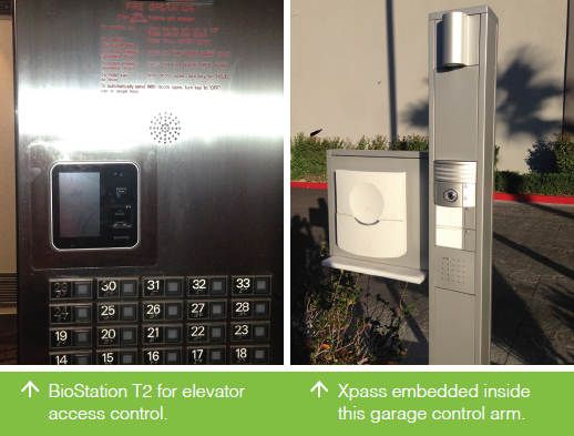Suprema BioStation T2 for elevator access control and Suprema Xpass embedded inside a garage control arm.