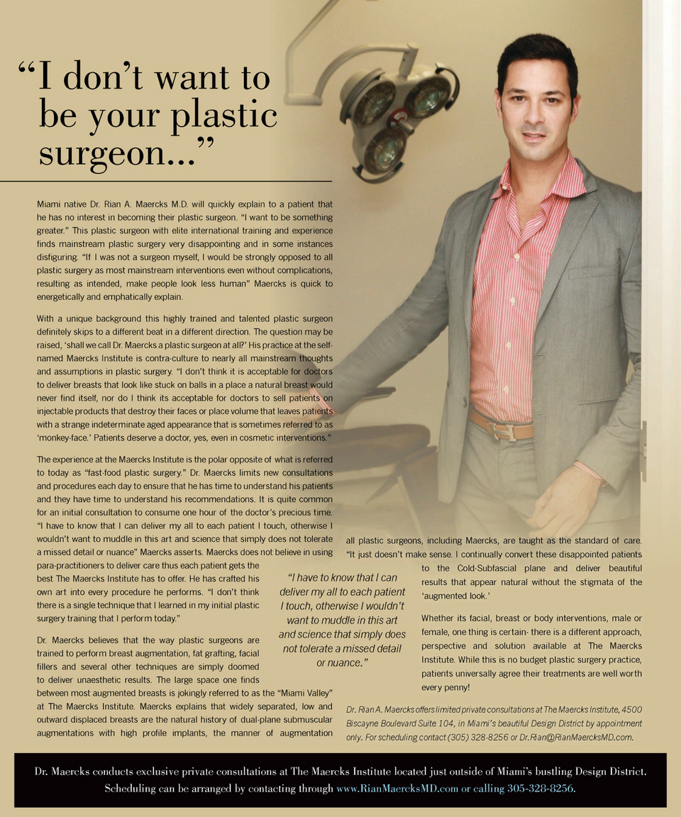 Dr. Maercks' unique art of Plastic Surgery in MIAMI Magazine