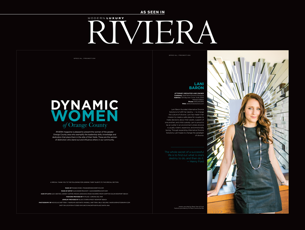 Lani Baron featured by Riviera Magazine: Dynamic Women of Orange County (2013)