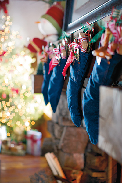 Stockings hung from the fireplace of a luxury vacation home