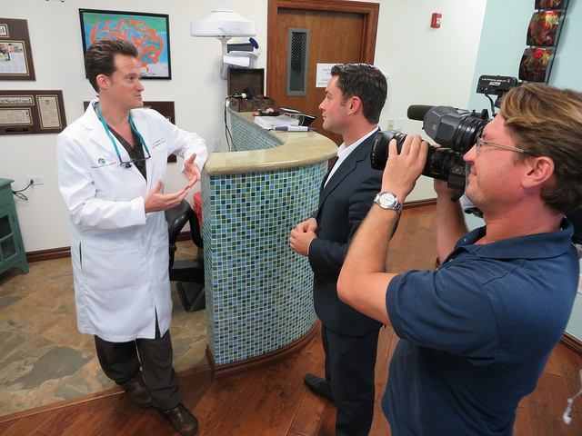 Dr. Alan Bauman films an interview with ABC-25 on his pioneering work in "Vampire PRP" treatment