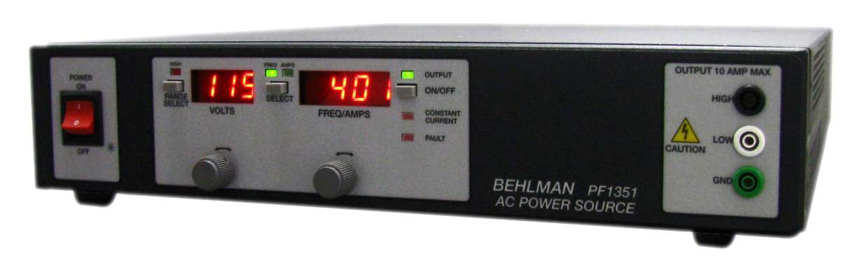 Behlman CE Mark PF1351 is designed for  EU and  EFTA countries. Continuously variable output frequency from 45 HZ to 500 Hz is controlled from front panel or remotely via RS232 or IEEE-488 interface.