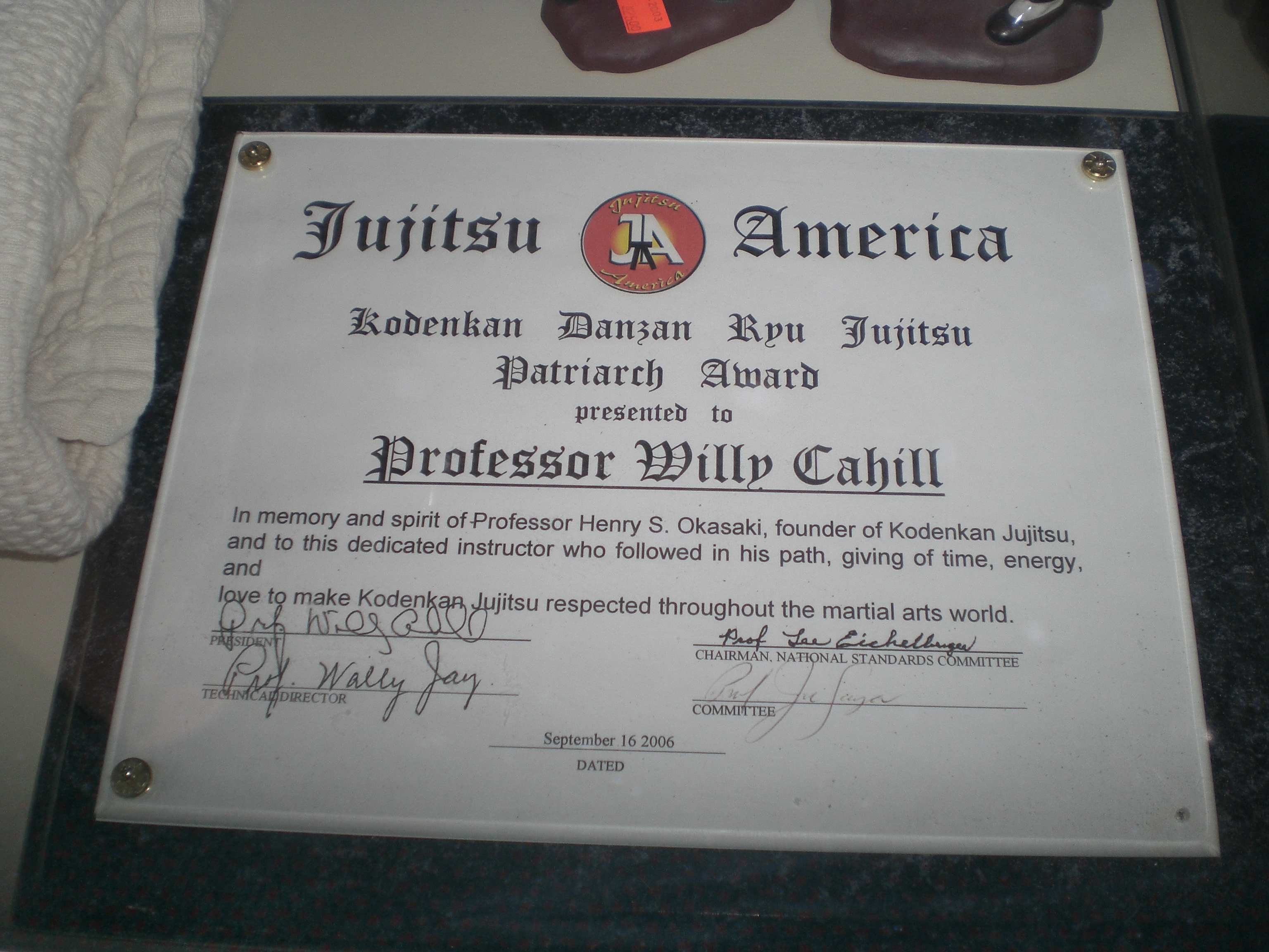 Professor Willy Cahill - Jujitsu America Certificate in Memory of Professor Henry Okazaki