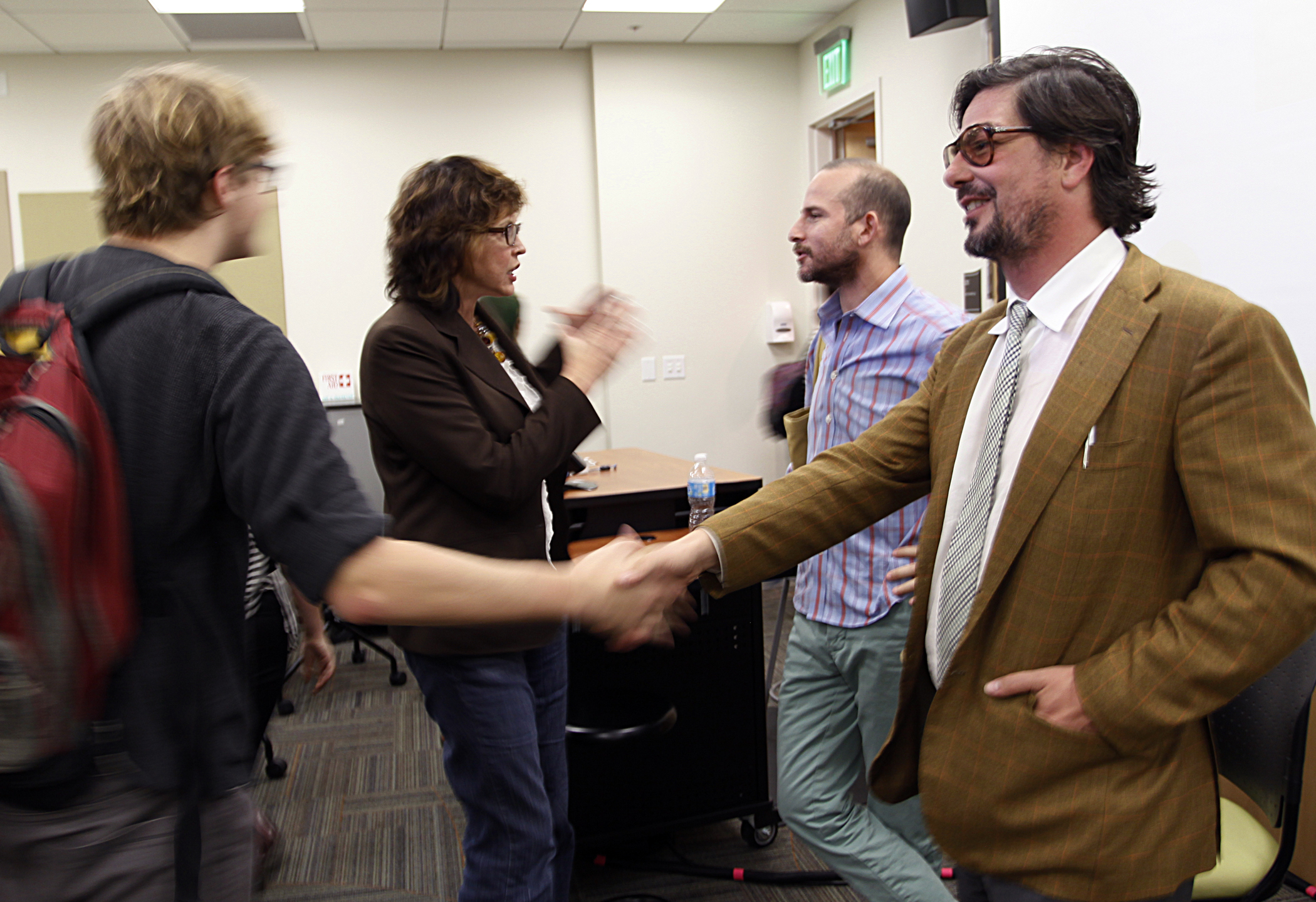 Director Roman Coppola (Right),  American Zoetrope producer Michael Zakin (Center) and Christine Meeker Lange, Ringling College Special Assistant to the President, after Master Class November 5, 2013.