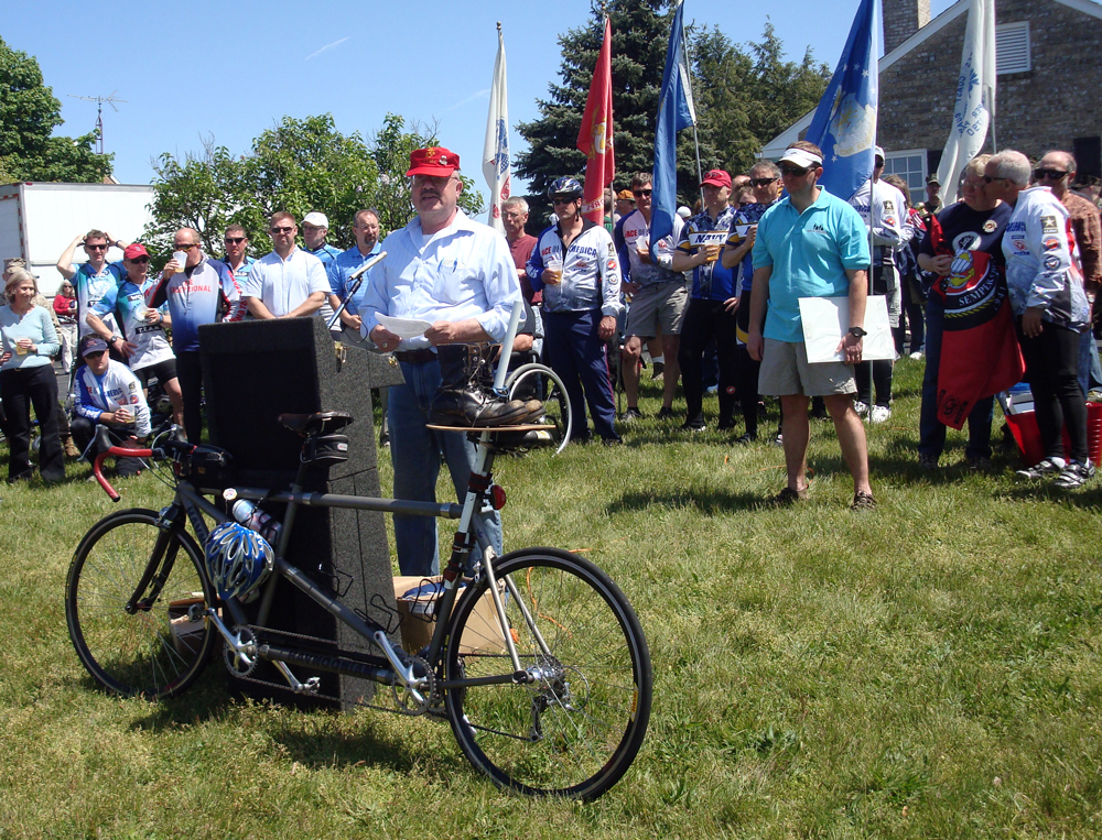 Stan Clark addresses the finishers of the 2012 Face of America ride in Gettysburg, Pennsylvania. Photograph by Candice Clark.